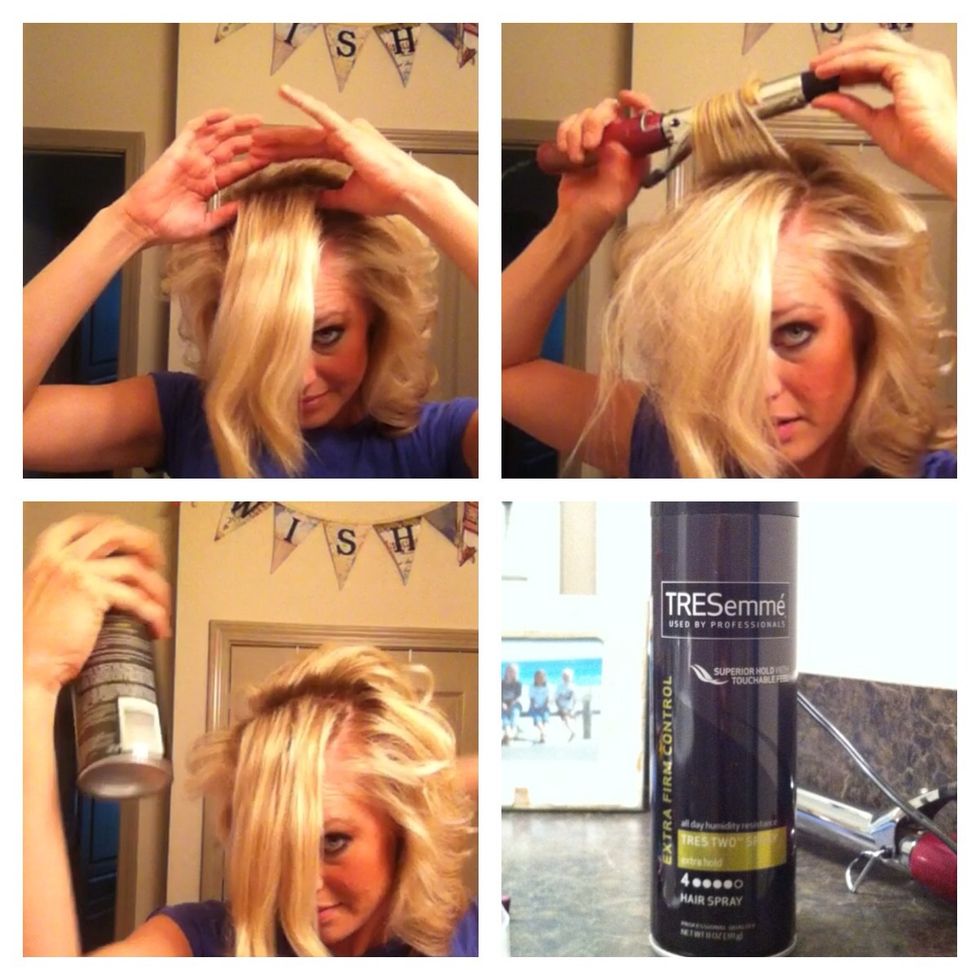 The first two sections at the top of your head will be done the same as the crown. Spraying each section as you go is the key to all day hold and volume.