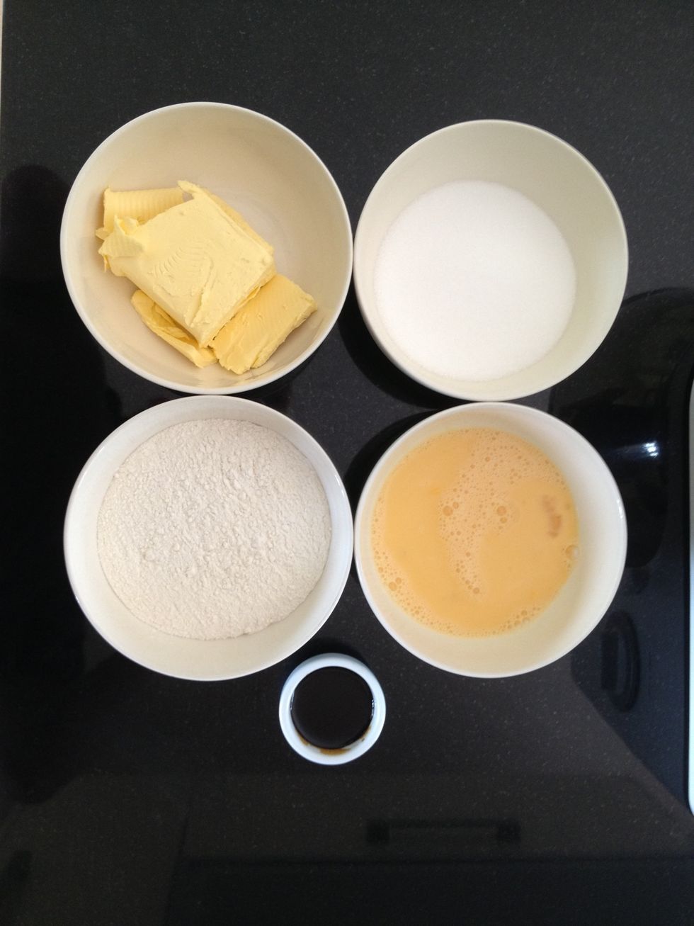 The five ingredients for the Cake mixture. Margarine, Caster Sugar, Self Raising Flour, Beaten Eggs and the Strong Coffee.