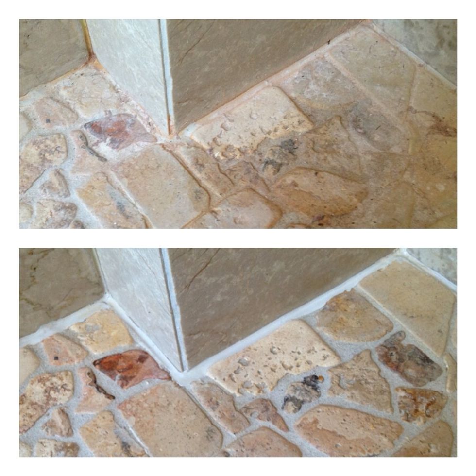 The floor in my bathroom. The water is very hard and leave these reddish marks. I was a bit hesitant to use the lemon cleaner because it is marble. This is before and after using the mildest solution