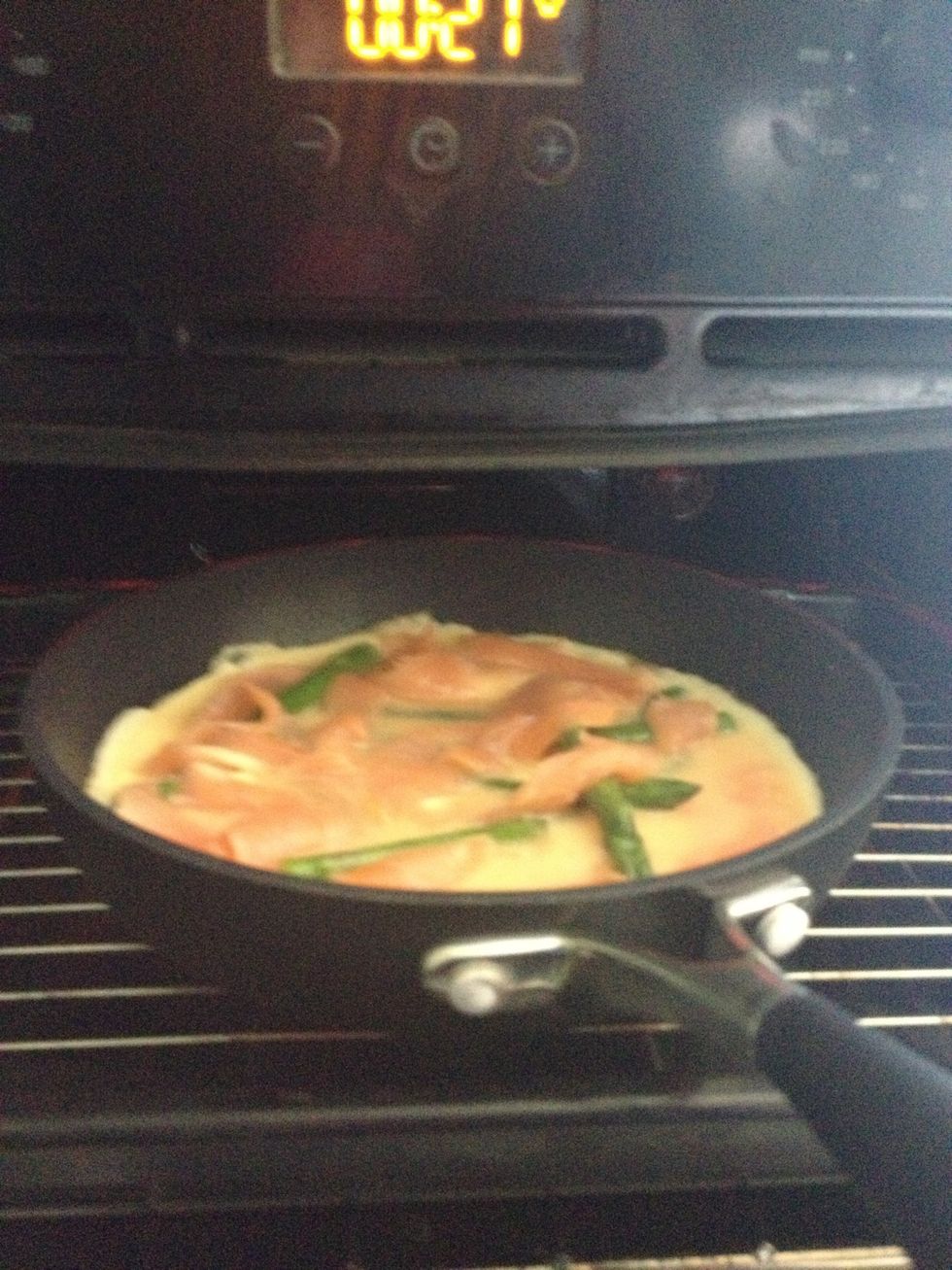 The frittata will still be raw on top, so transfer it to a hot grill and allow to cook for another couple of minutes, or until golden brown.