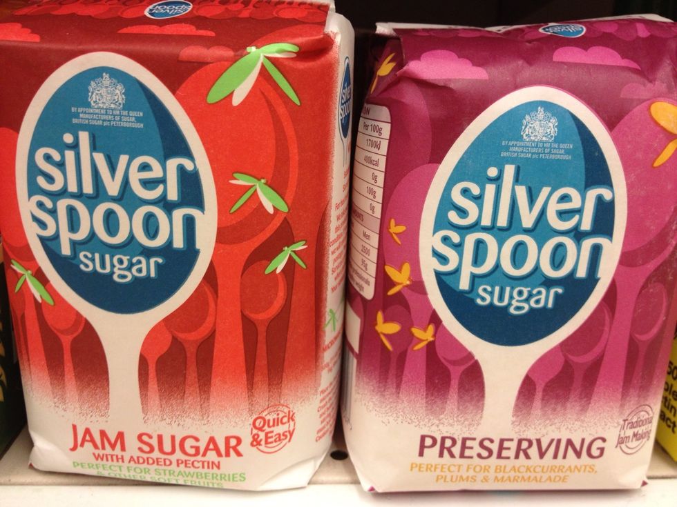 The fruit you use determines the sugar you need. For high pectin fruit like raspberries and strawberries use jam sugar, for low pectin fruit like blackcurrant or plum use preserving sugar.