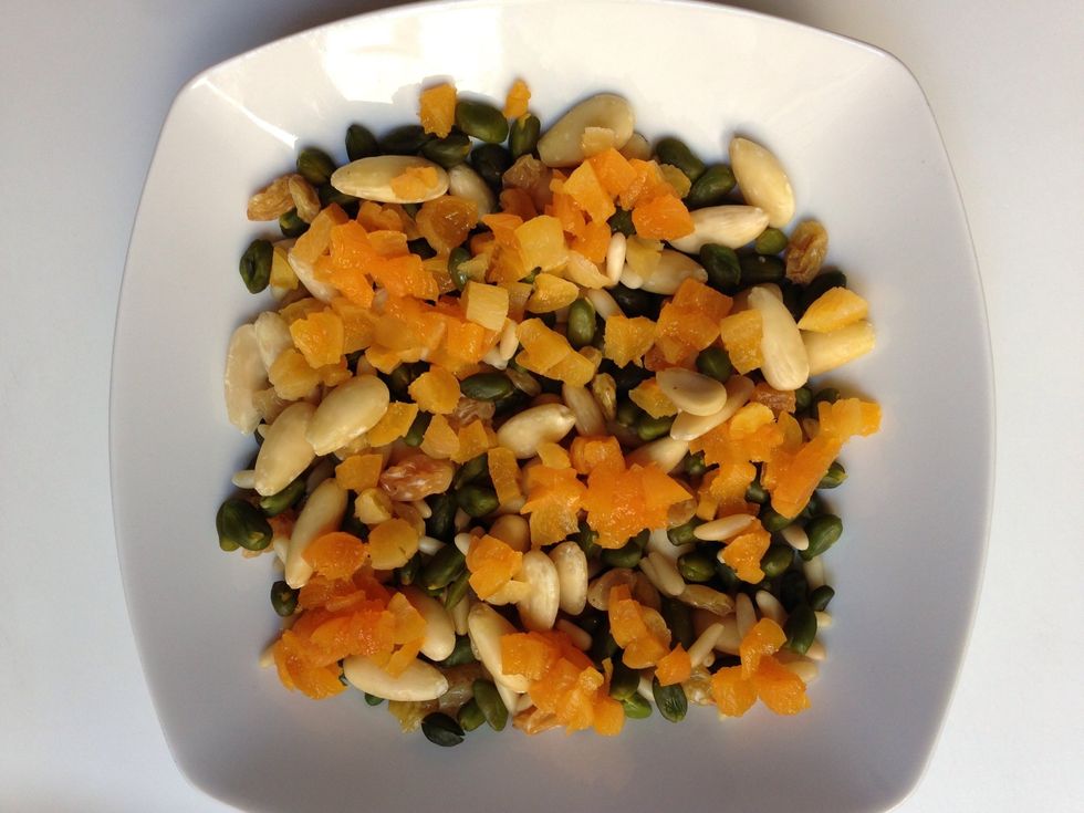 The fruits and nuts all ready. Now to prepare the pomegranate