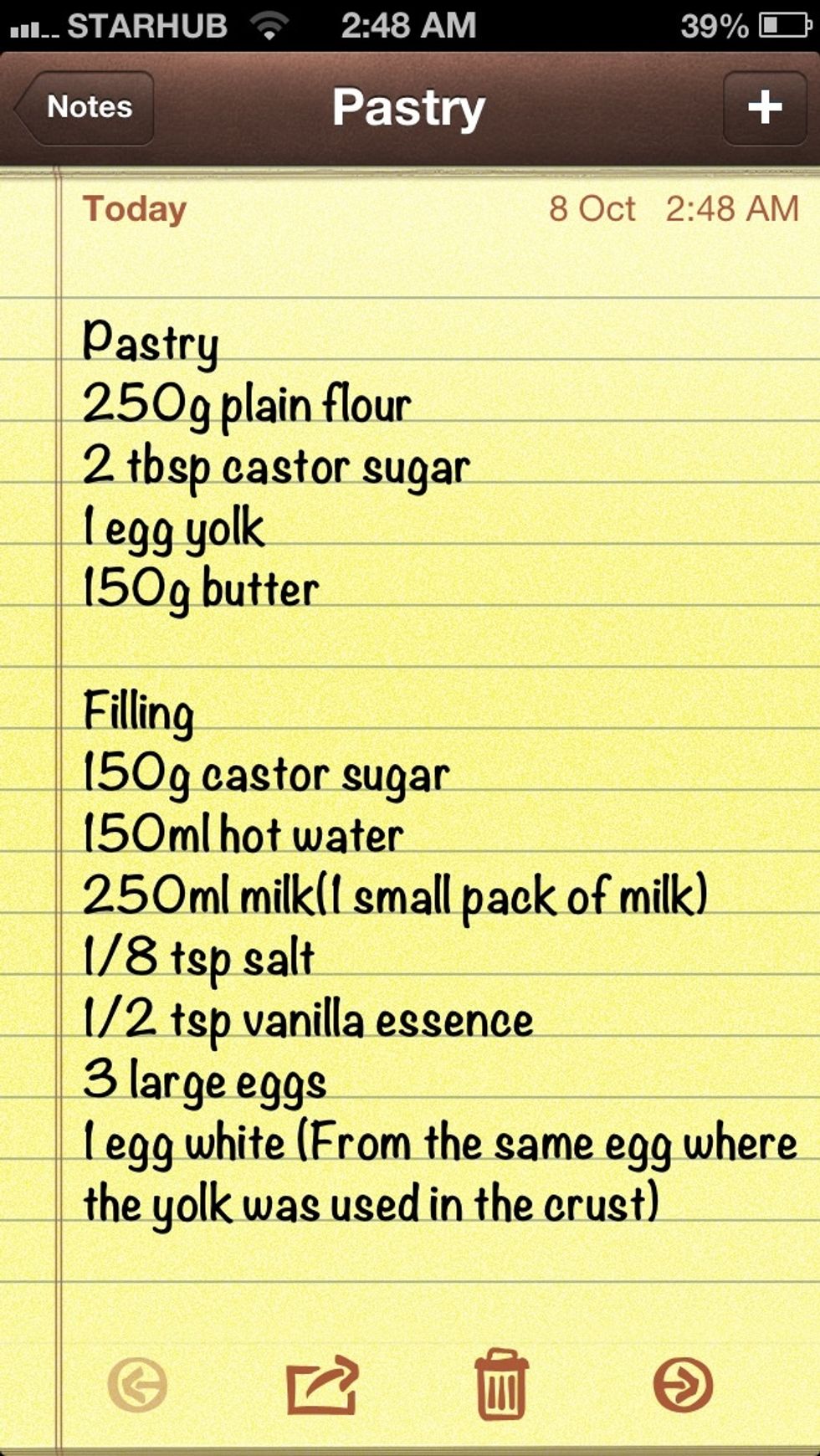 The full list, just in case! NOTE: I used a whole egg for the pastry rather than just the egg yolk after experimenting with it twice. A whole egg binds the pastry better, so it's easier to work with.