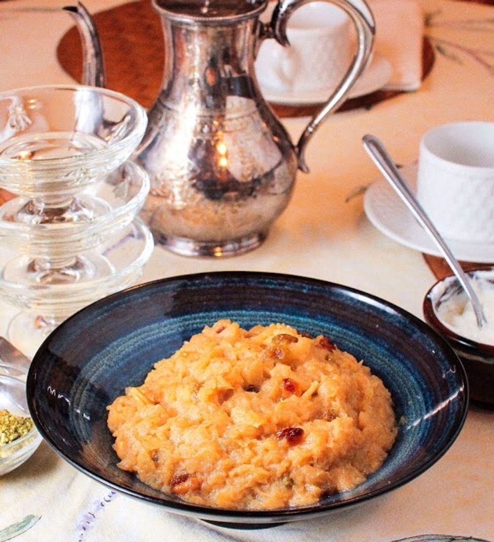 The halwa can be served hot or cold . Before serving top with some sweetened thick yogurt and a sprinkling of chopped pistachios