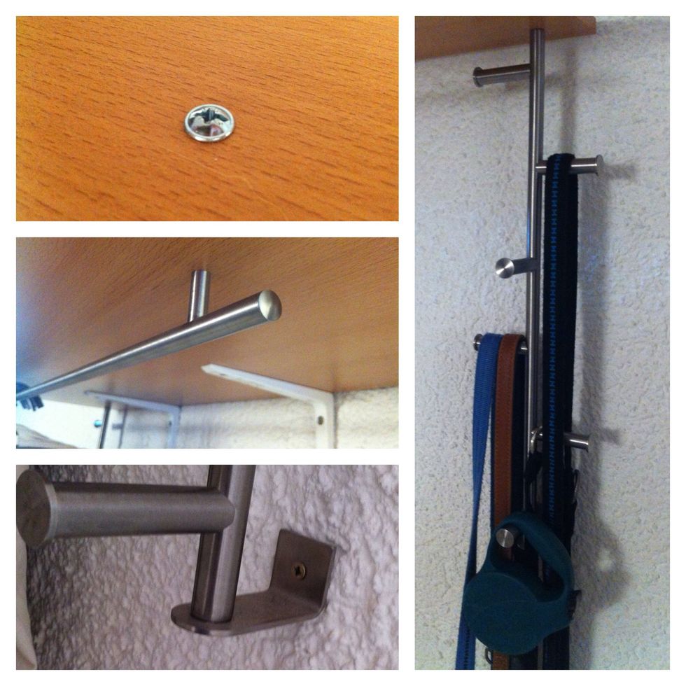 The handle & towel hangers are attached to the shelf with screws (drill holes first). The towel hangers are also attached to the wall.