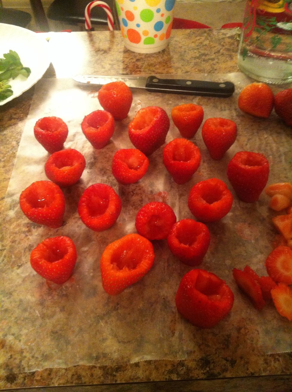 The hardest part, cutting the core out of the strawberry. You actually get the hang of it after the first couple strawberries