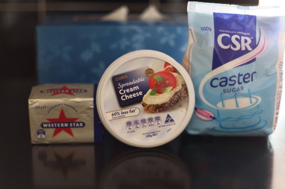 The icing was the easiest. 250 gm of cream cheese, 60 grams of butter and caster sugar. Don't worry we'll take care of the grainy sugar ;) get your mixing bowl ready.