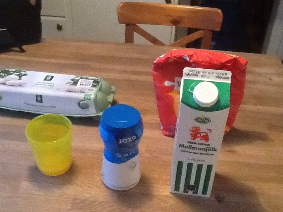 The ingrediens for the pancakes: salt, milk, egg, flour, a dl scoop and a bowl.