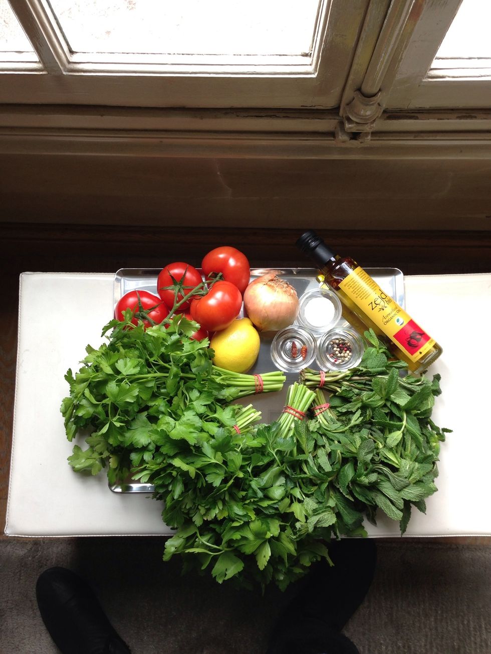 The ingredients. They will make tabbouleh for 6-8 people. It depends on how it is served ... As a starter... One of many starters..what we call mezzeh.