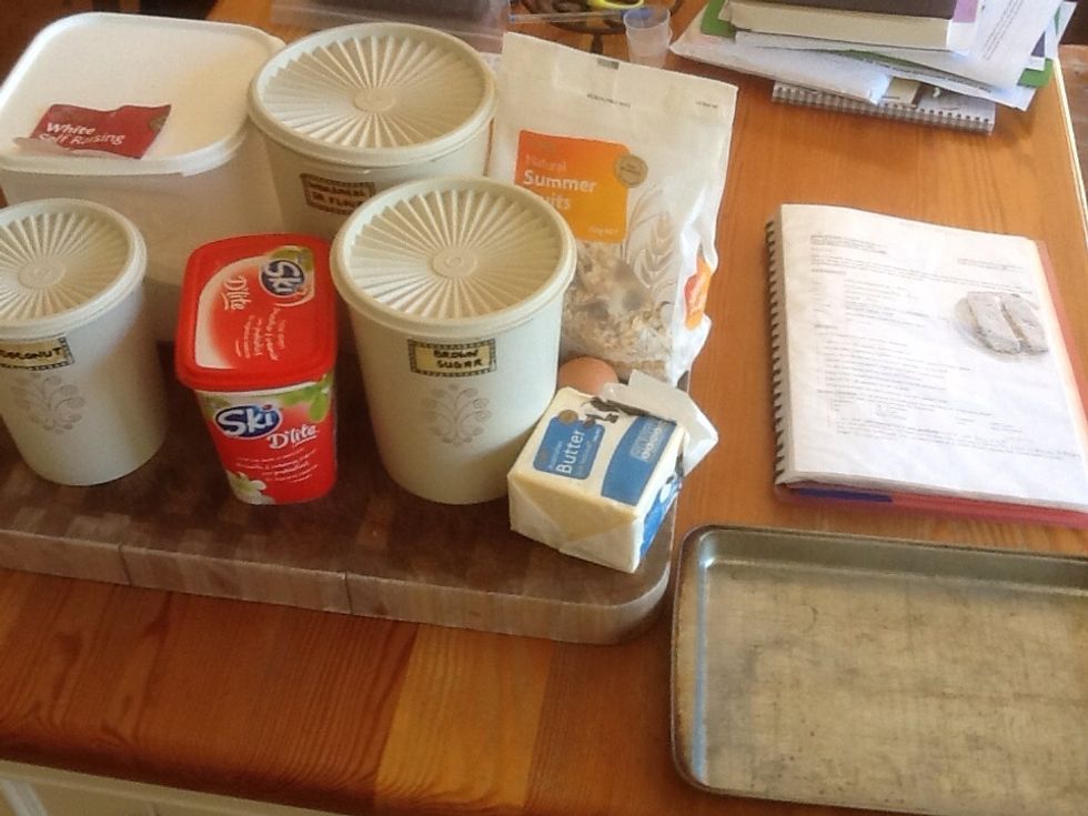 The ingredients you need are self raising flour, wholemeal self raising flour, untoasted muesli, coconut, brown sugar firmly packed in to the cup, plain yoghurt, butter and an egg.
