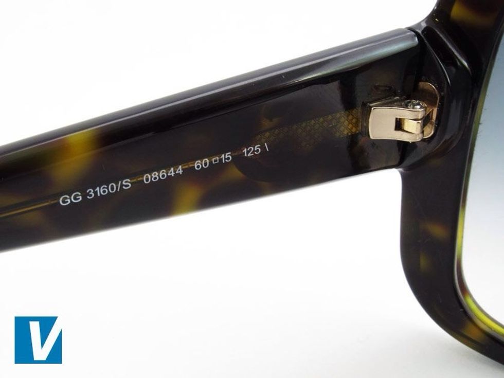 The inside left temple arm of Gucci sunglasses feature a model number, colour code and lens and frame measurements. Check that these match similar numbers detail on the box label or authenticity card.