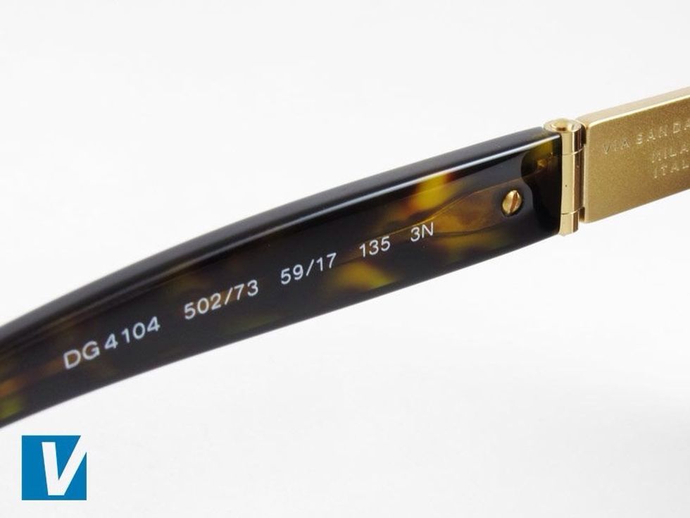 The inside of the left arm of D&G sunglasses feature the model number, followed by lens and frame measurements. Check that these details match those on the box label or paperwork.