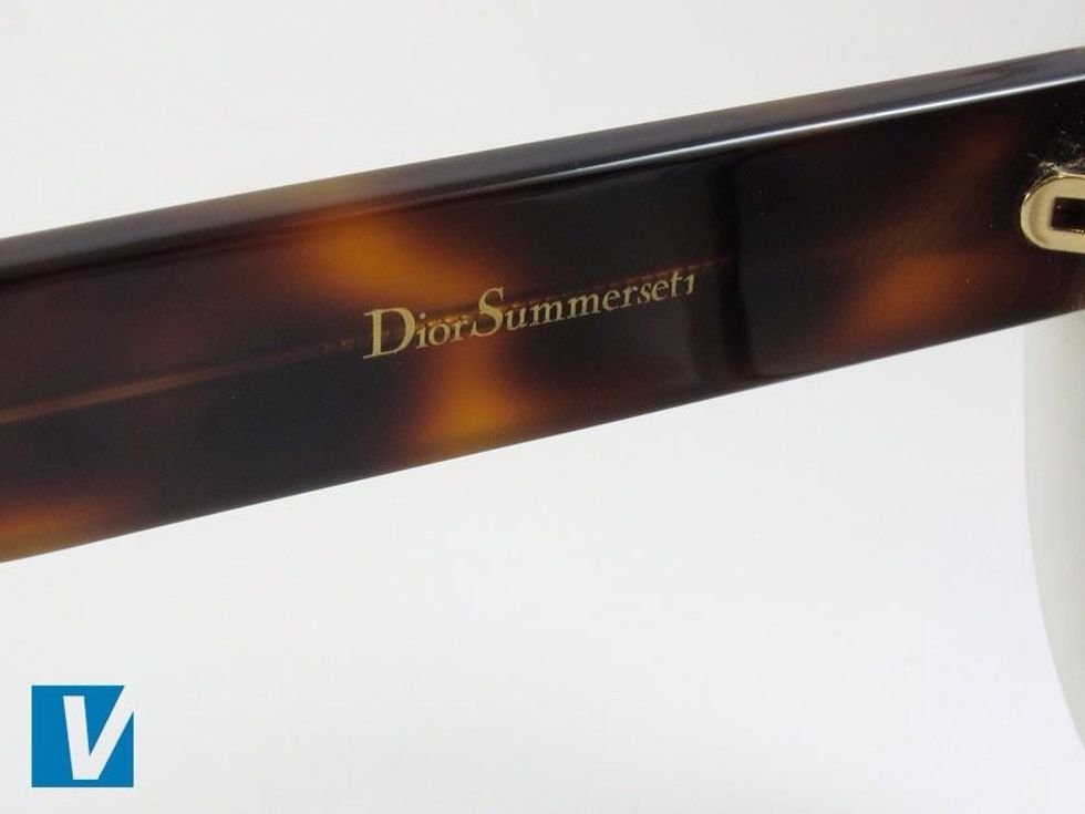 The inside of the left temple arm of Dior sunglasses features the model name. Some models may also feature the letters CE, 'MADE IN ITALY', frame sizes and an Optyl trademark logo.