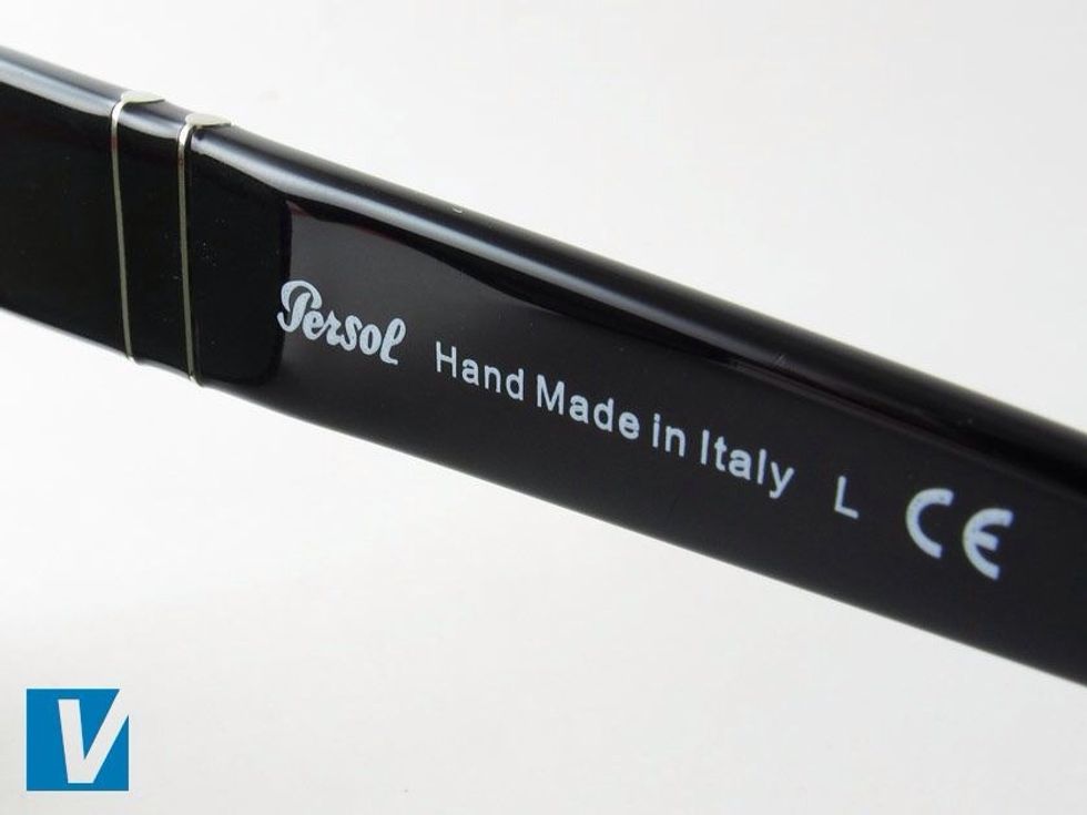 The inside right temple arm of Persol sunglasses feature the Persol logo, followed by 'Hand Made in Italy' and then the letters CE signifying European Conformity.