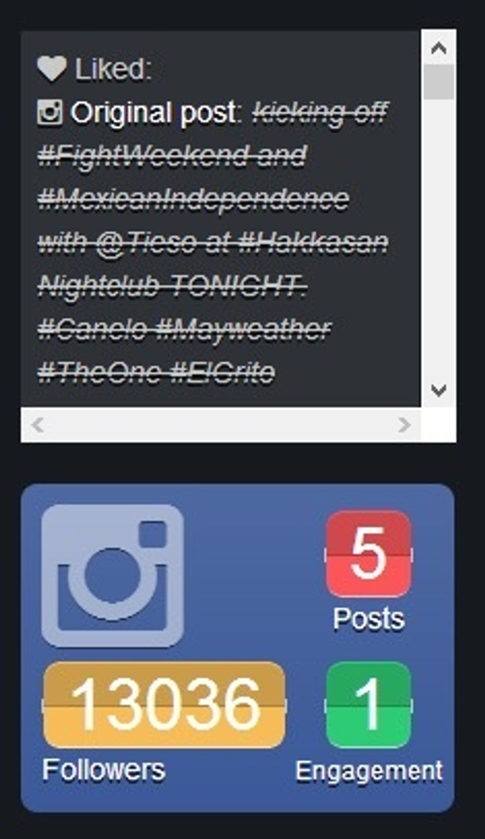 The Instagram Widget tracks your total # of followers, the number of #Hakkasan posts you have made, and the number of times you have engaged (liked/commented) on a post from the @HakkasanLV account.
