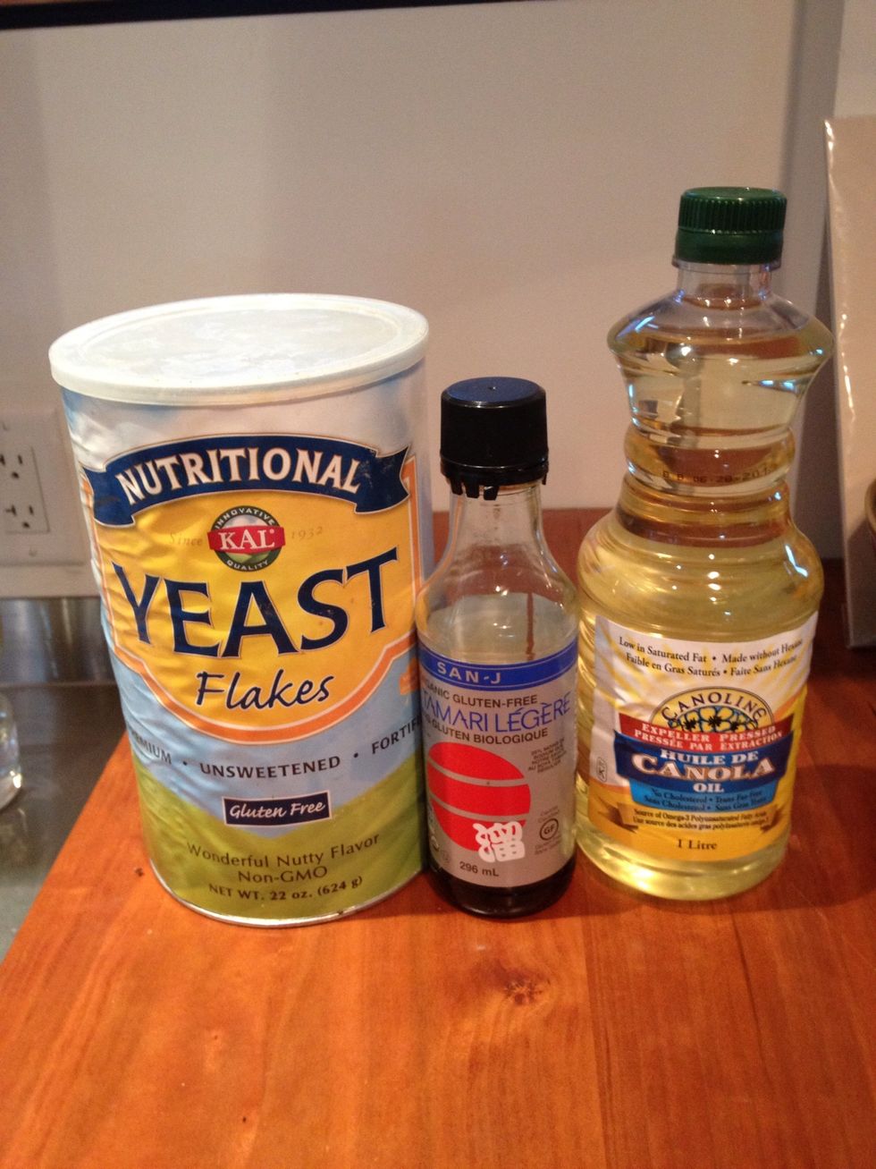 The key ingredients: nutritional yeast, tamari and canola oil. We also use olive oil but have been told that it is not as healthy to broil with.