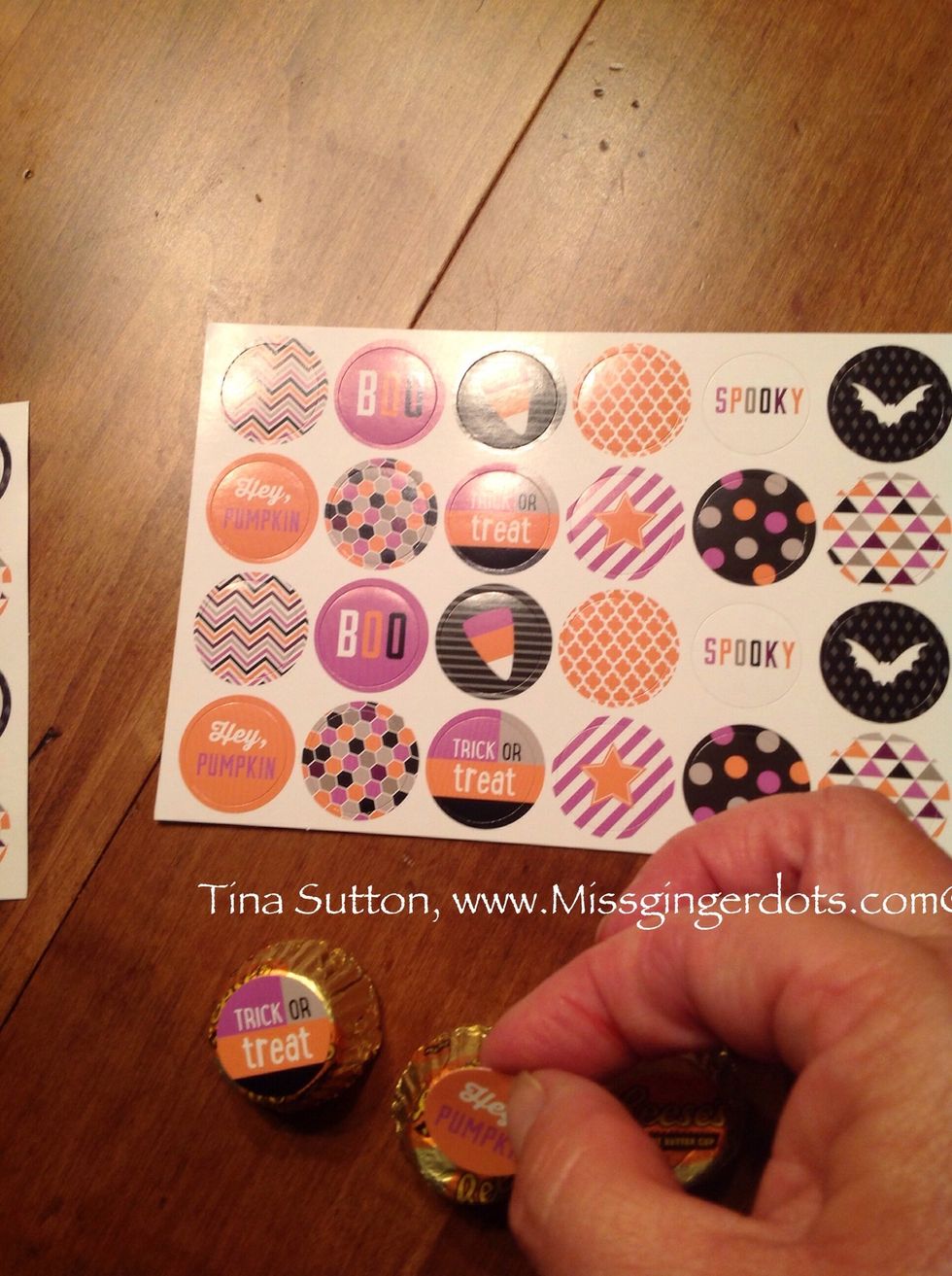 The kit comes with stickers. I used bite size Reeses Peanut Butter Cups for my candy to fill the bags. On the flat side, I attached stickers.