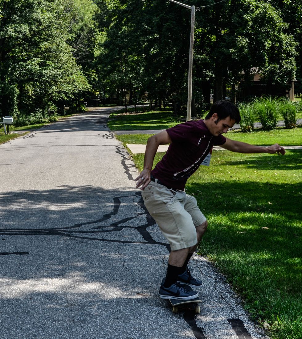 "The landing" is the final step of the Ollie. When the board gets to its highest point begin to straighten the knees and push the board down confidently. All four wheels should touch the ground.