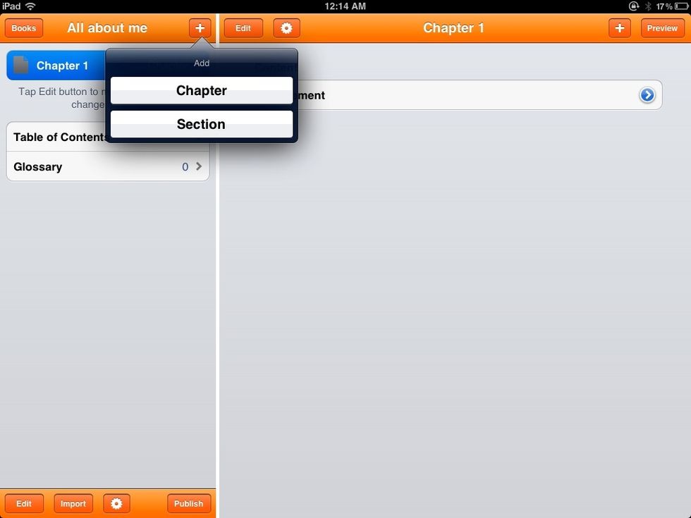 The left side of your book is for creating chapters and chapter sections.