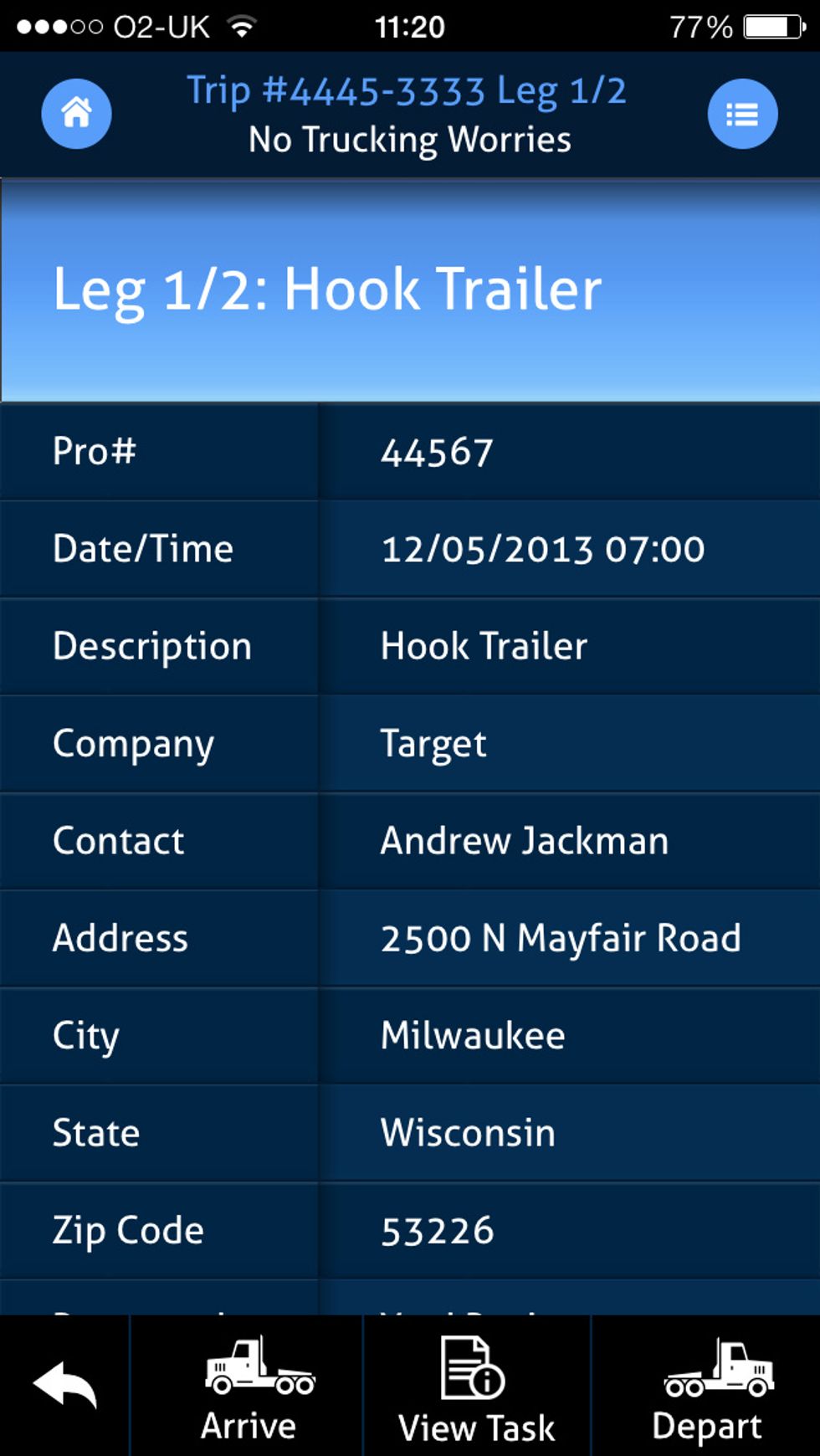 The leg detail screen displays information about that leg. You can select "View Task" see what is required at the site. When you arrive on site select "Arrive" to confirm to dispatch.