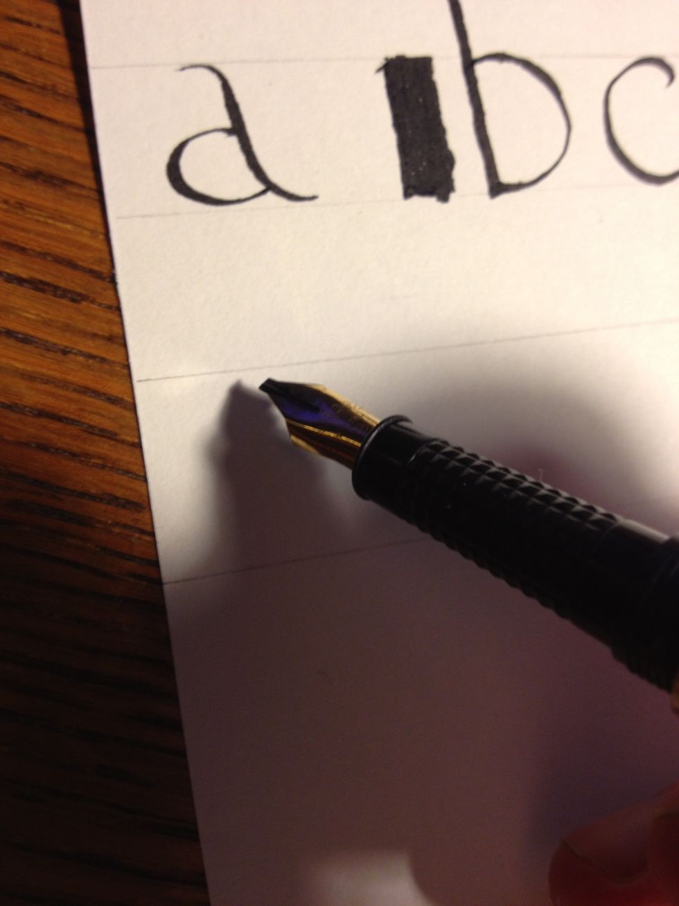 The letter "g" is perhaps more complicated than most. Start near the top line, with the nib at at 45 degree angle to the left.