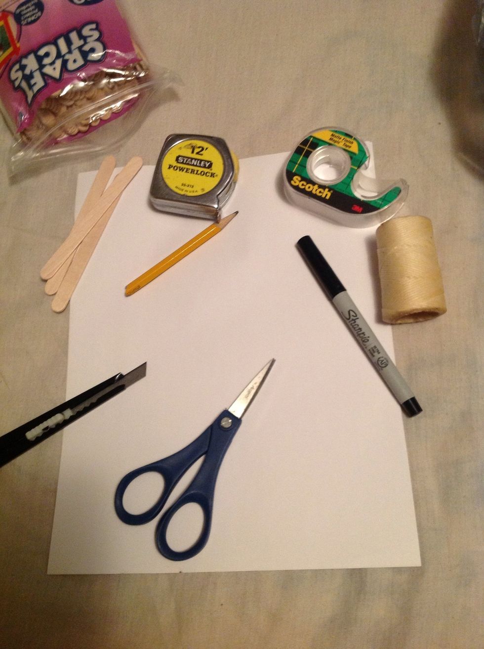 The materials that you would need to make this is a pencil, tape, box cutter, popsicle sticks, scissors, tape measure, a sharpie, very strong twine or string and like ten pieces of paper.