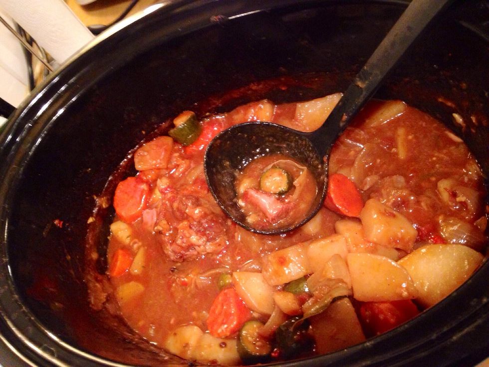 The meat and vegetables will break down in the cooking process and should be beautifully tender when ready. Just before it is done add your potatoes and rosemary. Check salt adjust as needed.