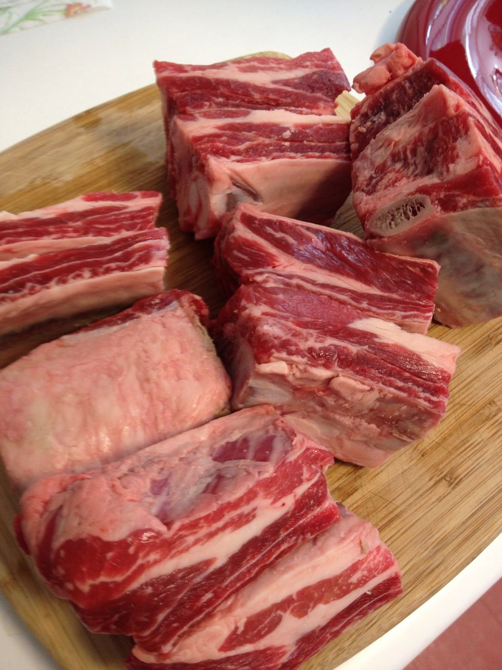 The meat mix I use for the best flavor is 40% beef short ribs. Pictured before I trimmed the meat from bone. I like to use the bones to make beef stock for later use.