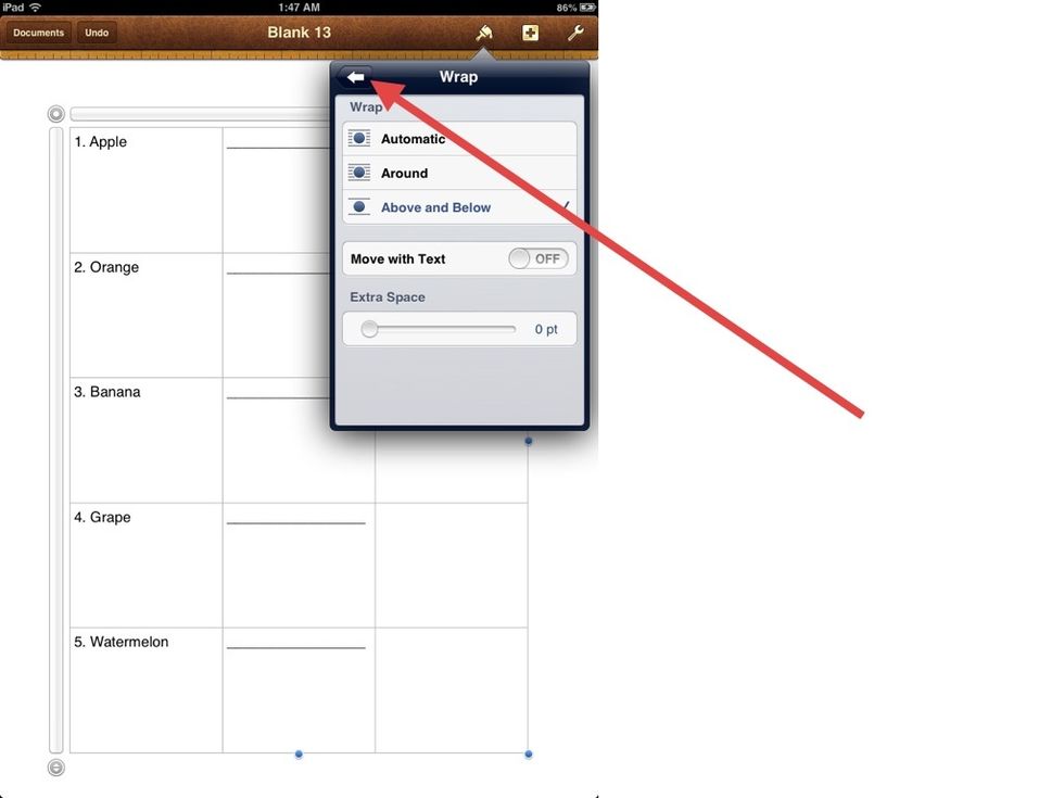 The menu changes. Tap the BACK ARROW