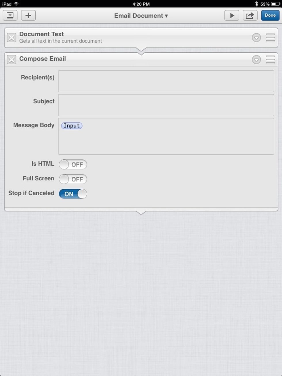 The "message body" of the email will be all of the text in the document. tap DONE.