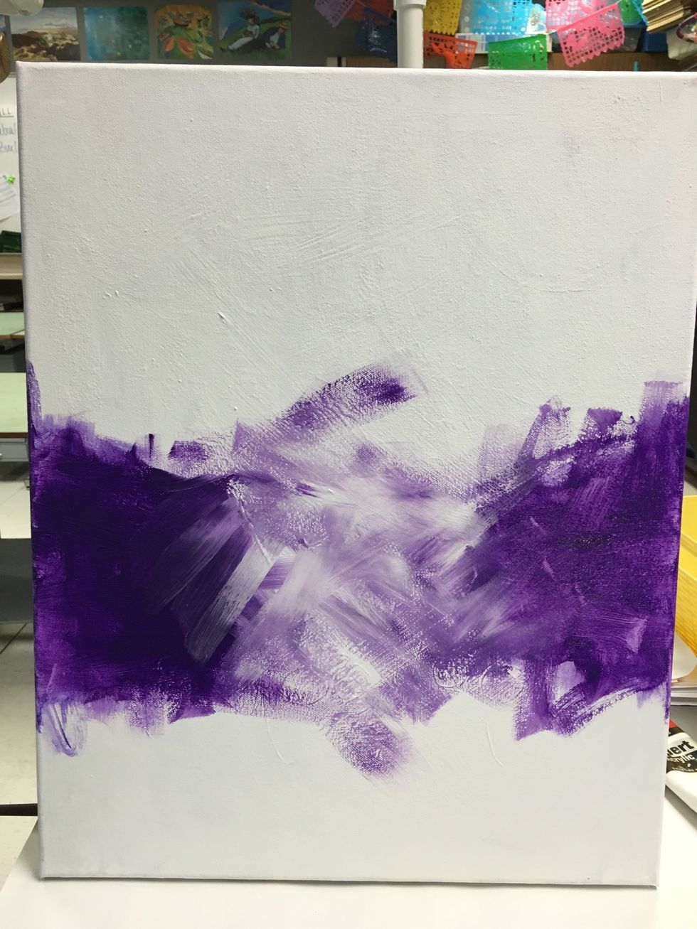 The middle of the painting will be the brightest. Let's begin by adding dark purple to both sides of where the people will be standing. Use loose, free brush strokes.