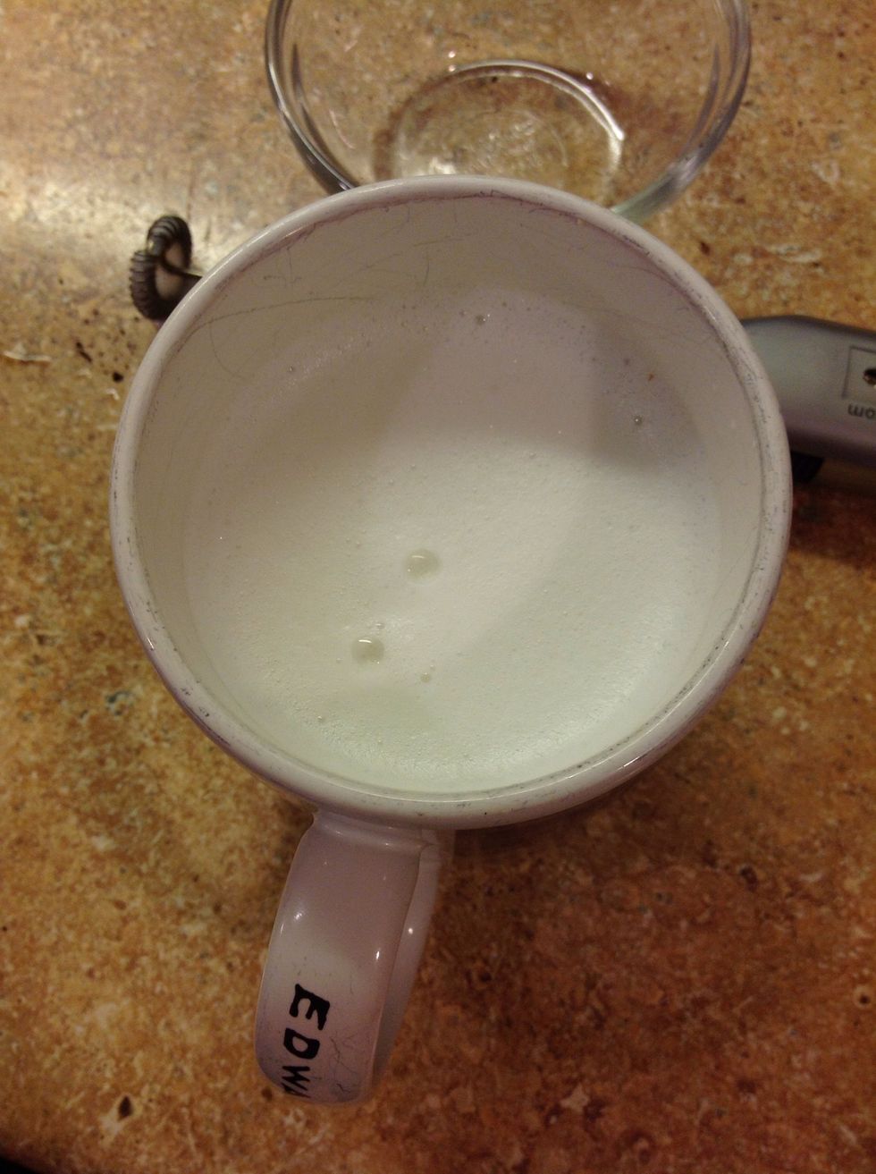 The milk will expand to almost the top of the cup. I do this step one the coffee is almost done brewing so that the foam does not sit long without being in the coffee. Time is a foam caps enemy.