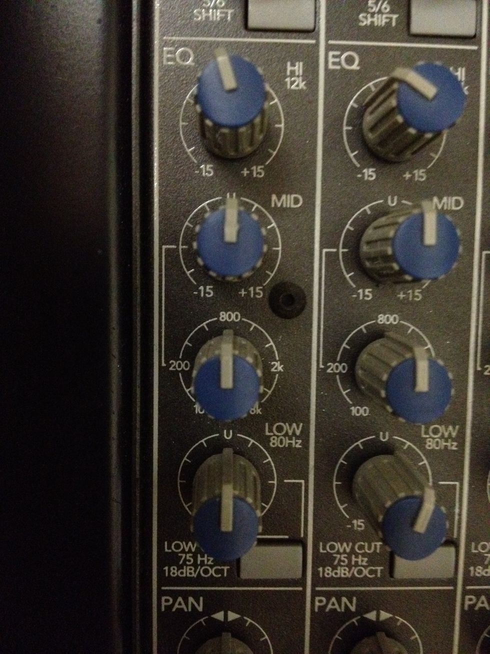 The mixer has Equalization which affects how things sound (bass, treble etc). A good starting point is something like this. It's the blue knobs shown and for the channel we are using. (channel1 here)