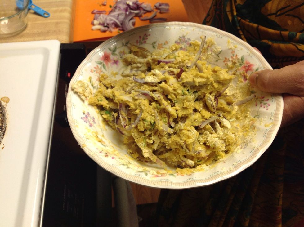 The mixture should look somewhat like cookie dough, a little lumpy.