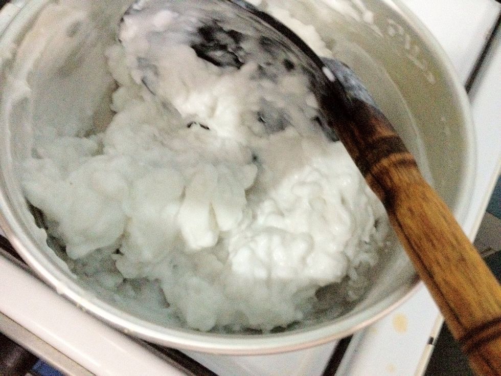 The mixture will be thickened. Stir faster as it brings to boil. The process is quite fast