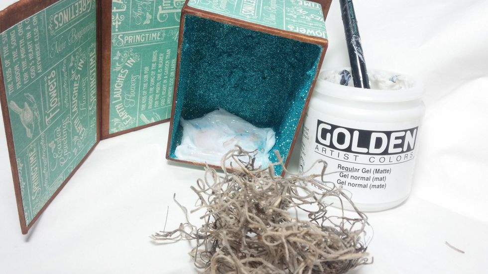 The moss was next. I used the matte meduim once again for this task. I did not worry about every little spot being covered, as I knew I would be adding other elements and layers.