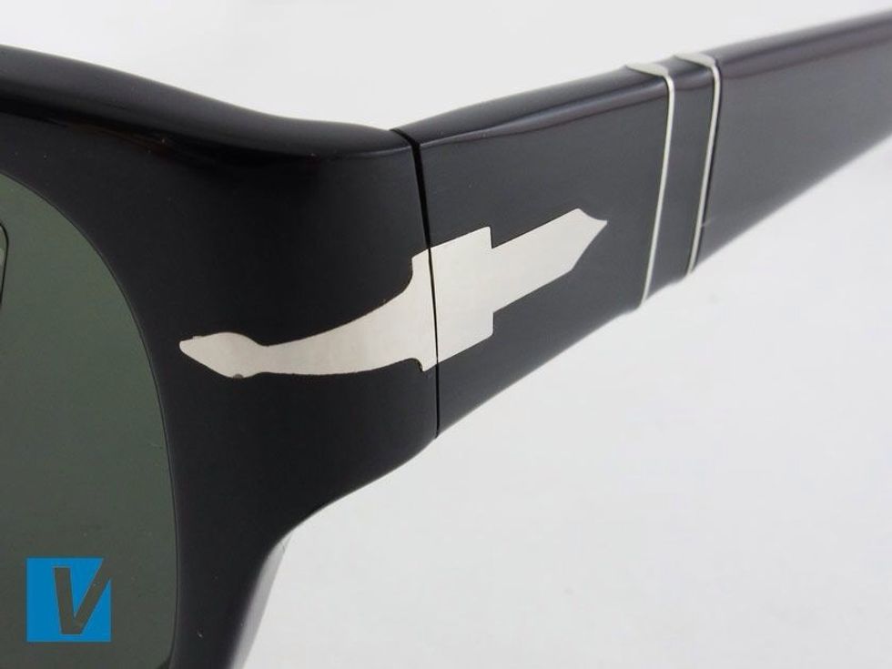 The most distinguishable feature on Persol sunglasses is the Persol arrow. It is made of metal and is expertly crafted into the glasses. It should be flat to the frame with a straight, clean edge.