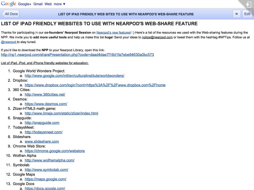 The Nearpod's list of iPad friendly websites has been included as well. Check out all the resources available!