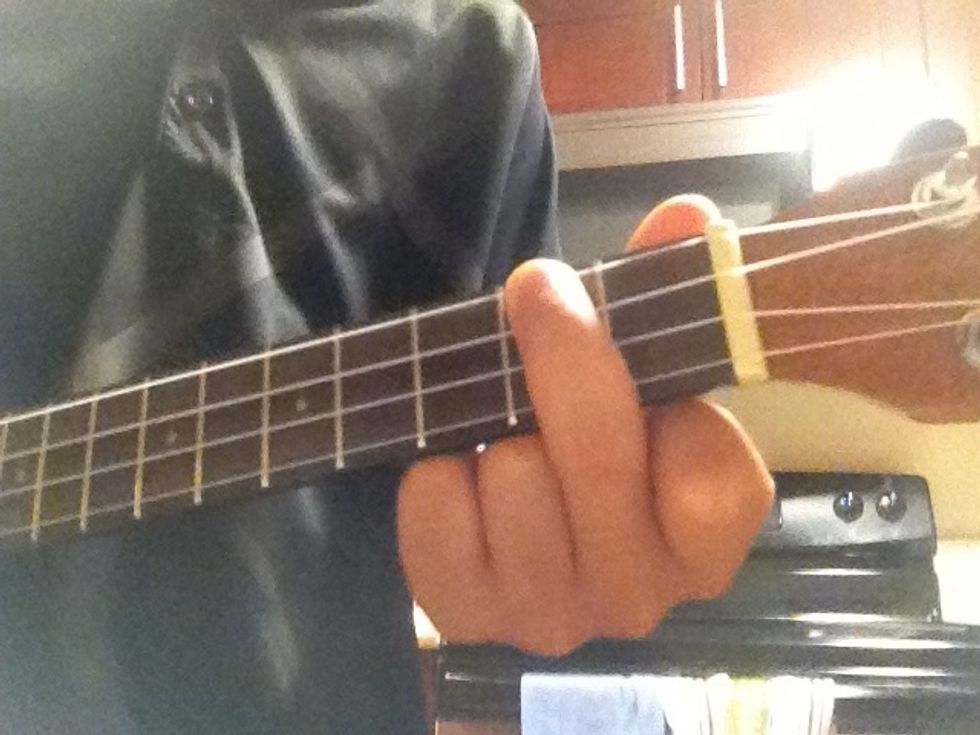 The next chord is Am. Put your middle finger on the first string on the 2nd fret.