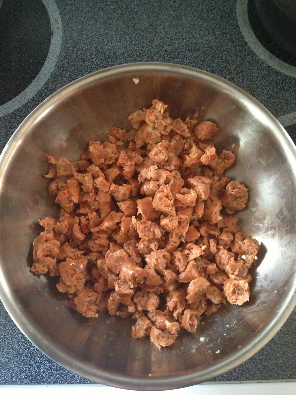 The next day, get your sausage ready first. You want it to be cooked so if you have it raw go ahead and cook it (brown). This is precooked sun dried tomato sweet sausage so I just broke it up myself