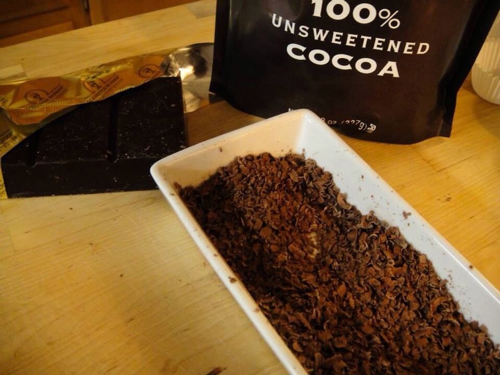 The next day: Grate the dark chocolate on the largest holes of your box grater. Toss the chocolate shavings with the cocoa.