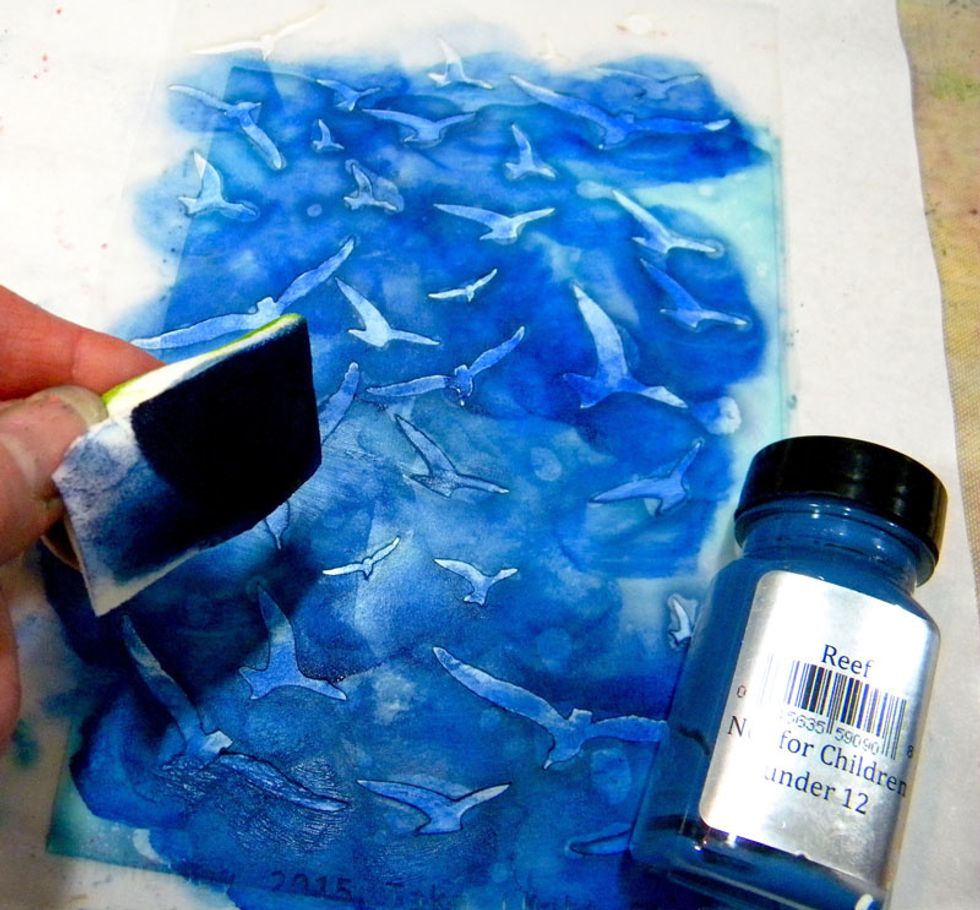 The next day I peeked underneath and it was still a bit wet. Sponge Reef Velvet through the stencil.