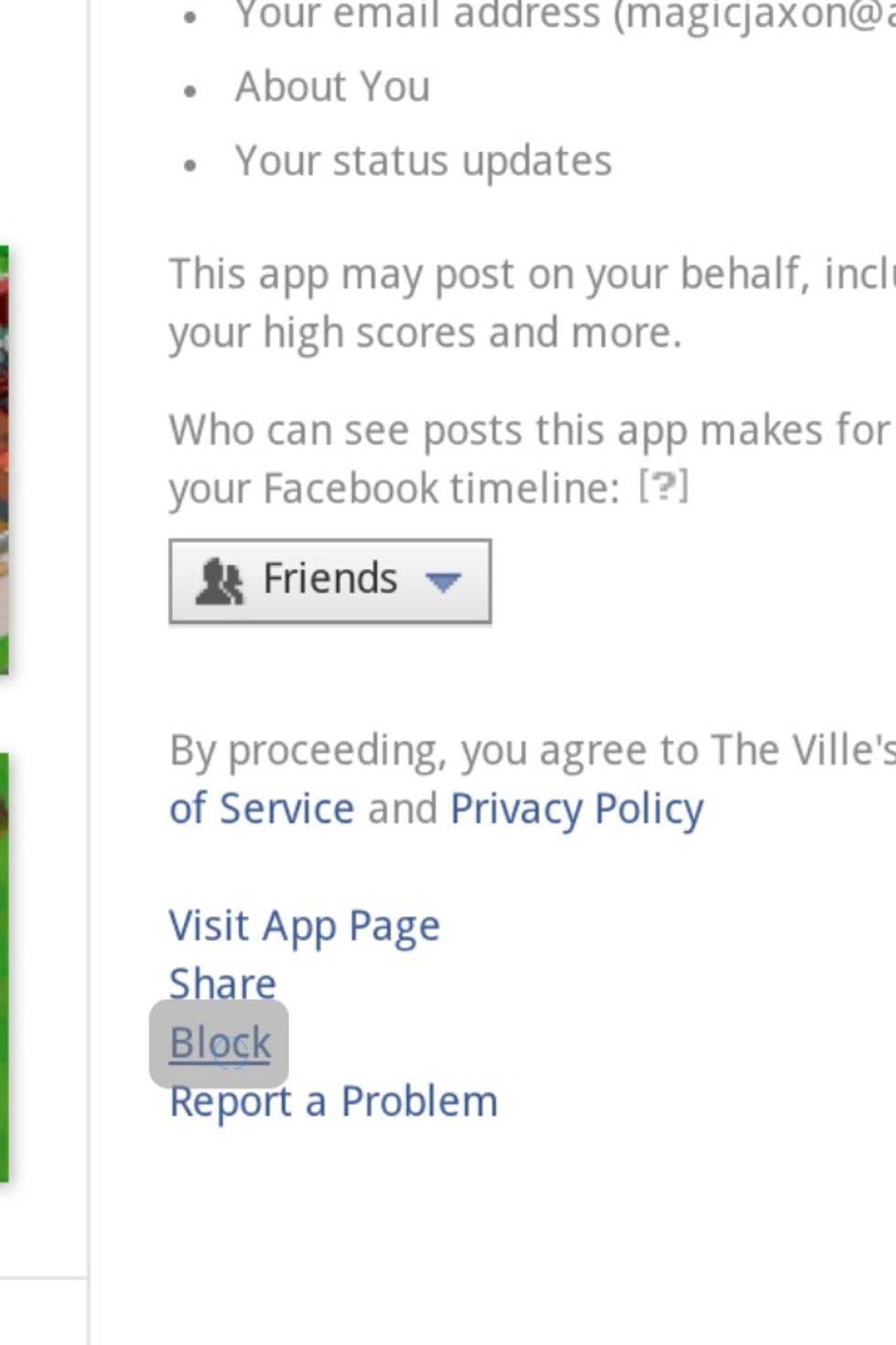 The next page will be the page of the app/game you no longer want to be invited to or receive notifications from. On the right side of the page select "Block".