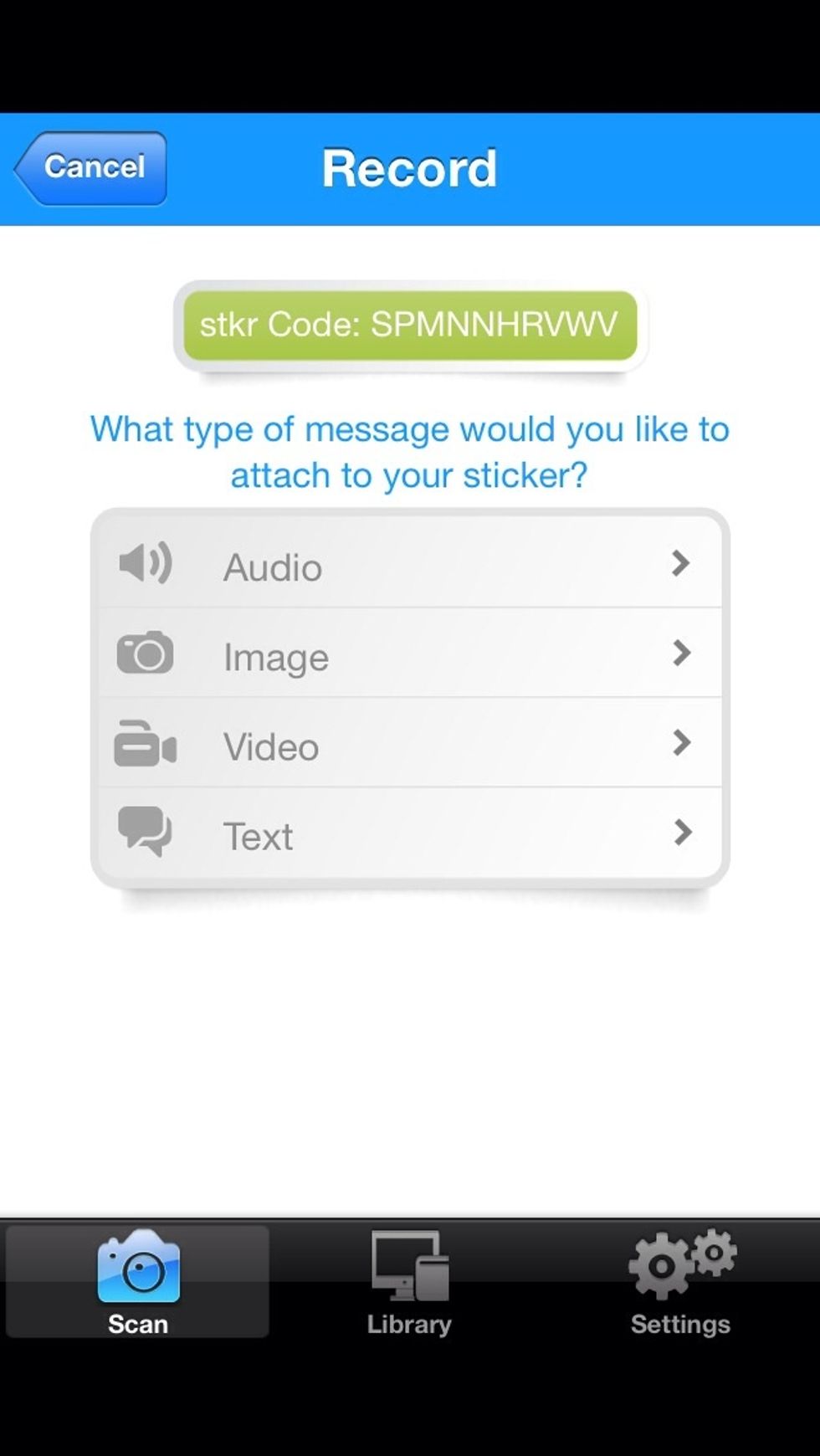 The next prompt asks us to select either audio, video or to upload a photo or text message.