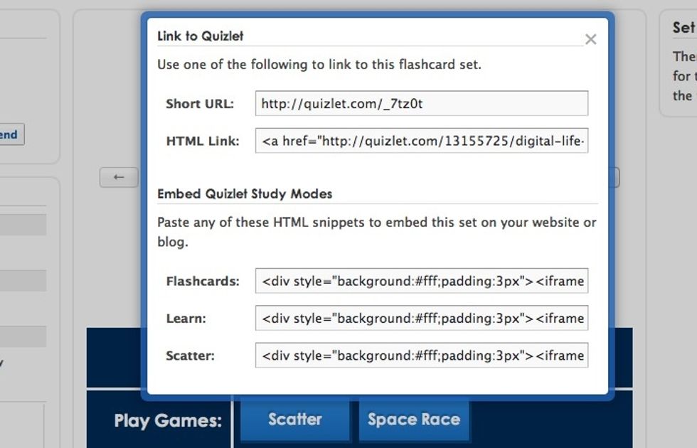 The next screen that pops up will give you some options for embed codes. Select the embed code for flashcards and copy it.