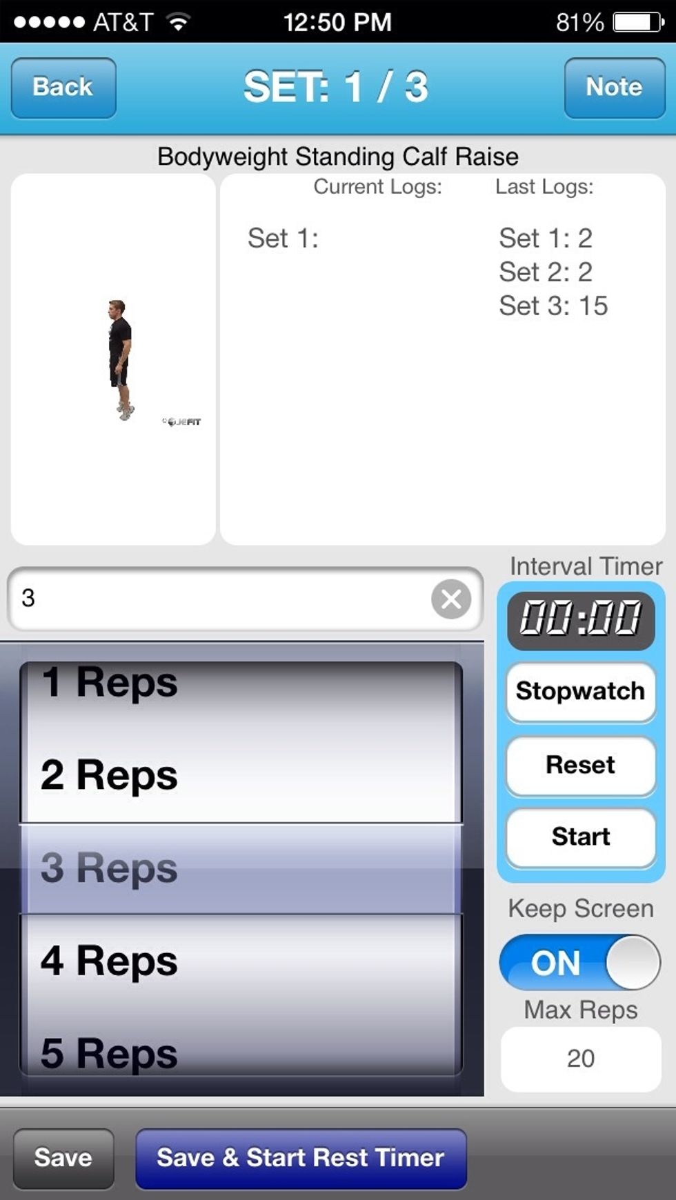 The next step involves the client completing the exercise. Start the timer and count the amount of repetitions completed in a desired amount of time. Enter the completed amount of reps and hit save.