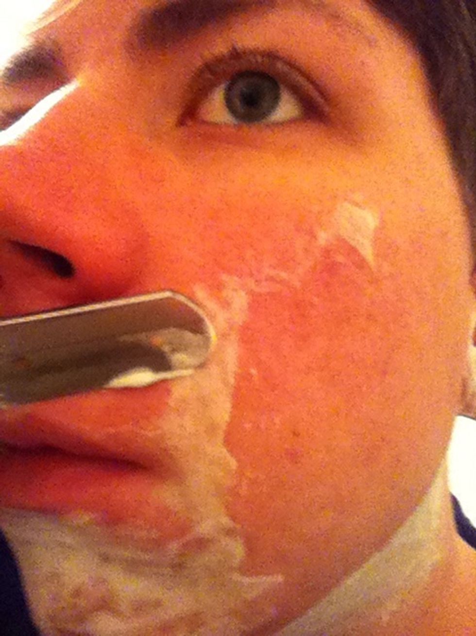 The next step is to shave the moustache. Your non-dominant hand can move the nose out of the way while stretching the skin above the lip.