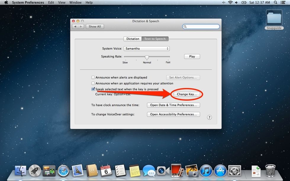 THE NEXT TWO STEPS ARE OPTIONAL: Mark the checkbox that says "Speak selected text when the key is pressed" and click "Change Key..."