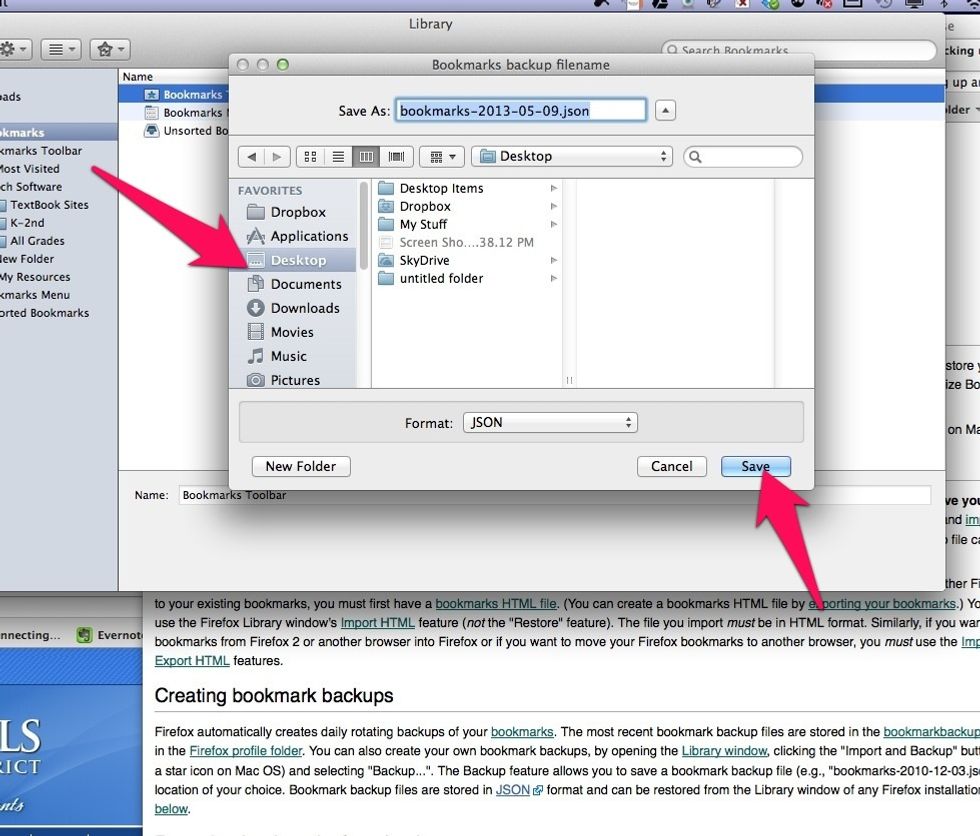 The next window wants you to select where you want to save you backup bookmarks.  Select the "Desktop." Then select the "Save" button.