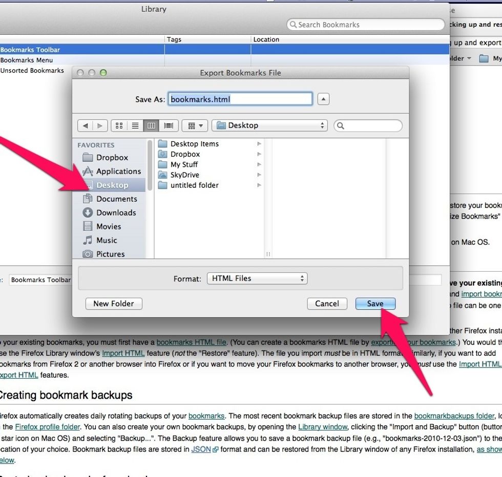 The next window wants you to select where you want to save your exported bookmarks.  Select the "Desktop." Then select the "Save" button.